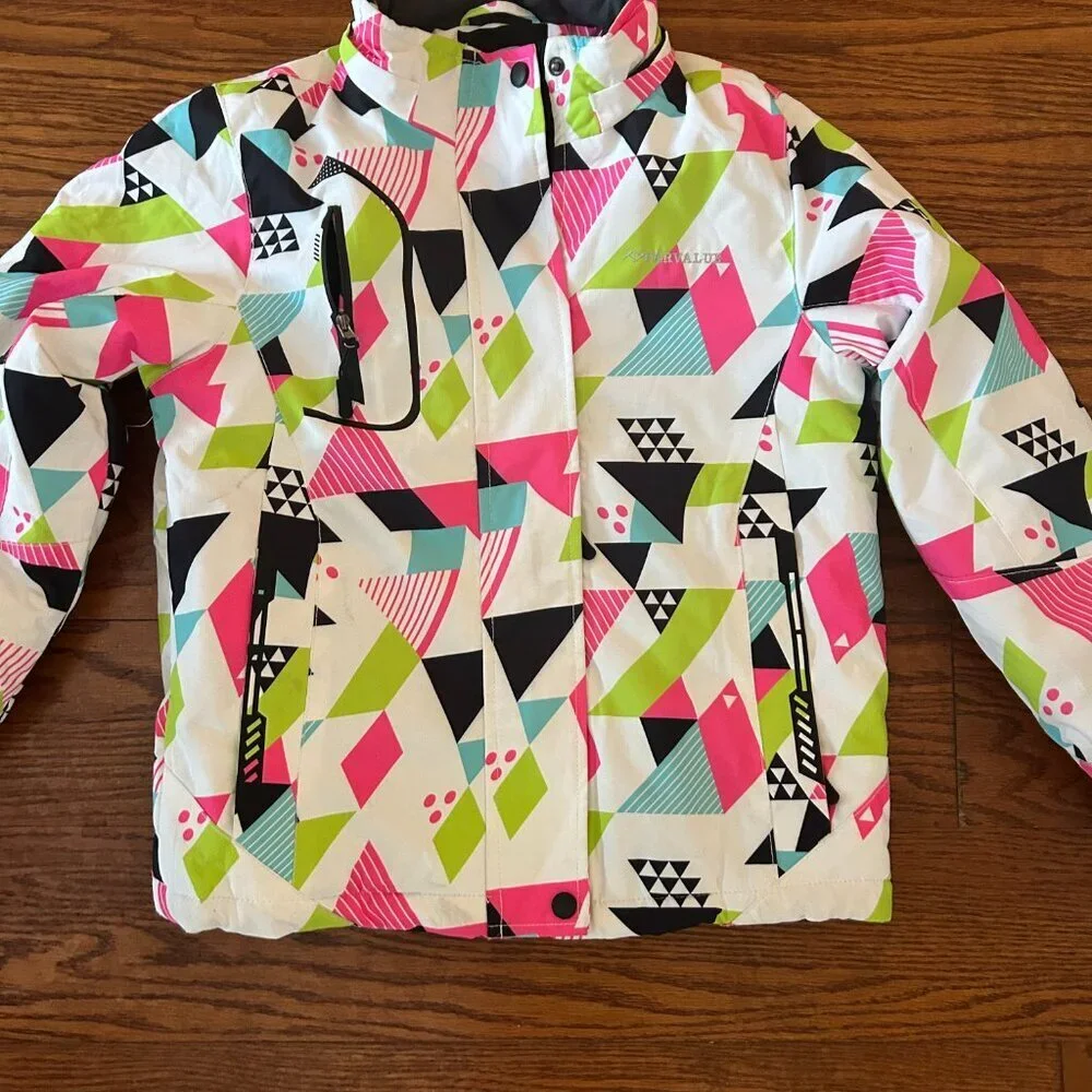 Girl's Waterproof Ski Jacket Size Small Colorful Geometric Size 8 High Neck Snow